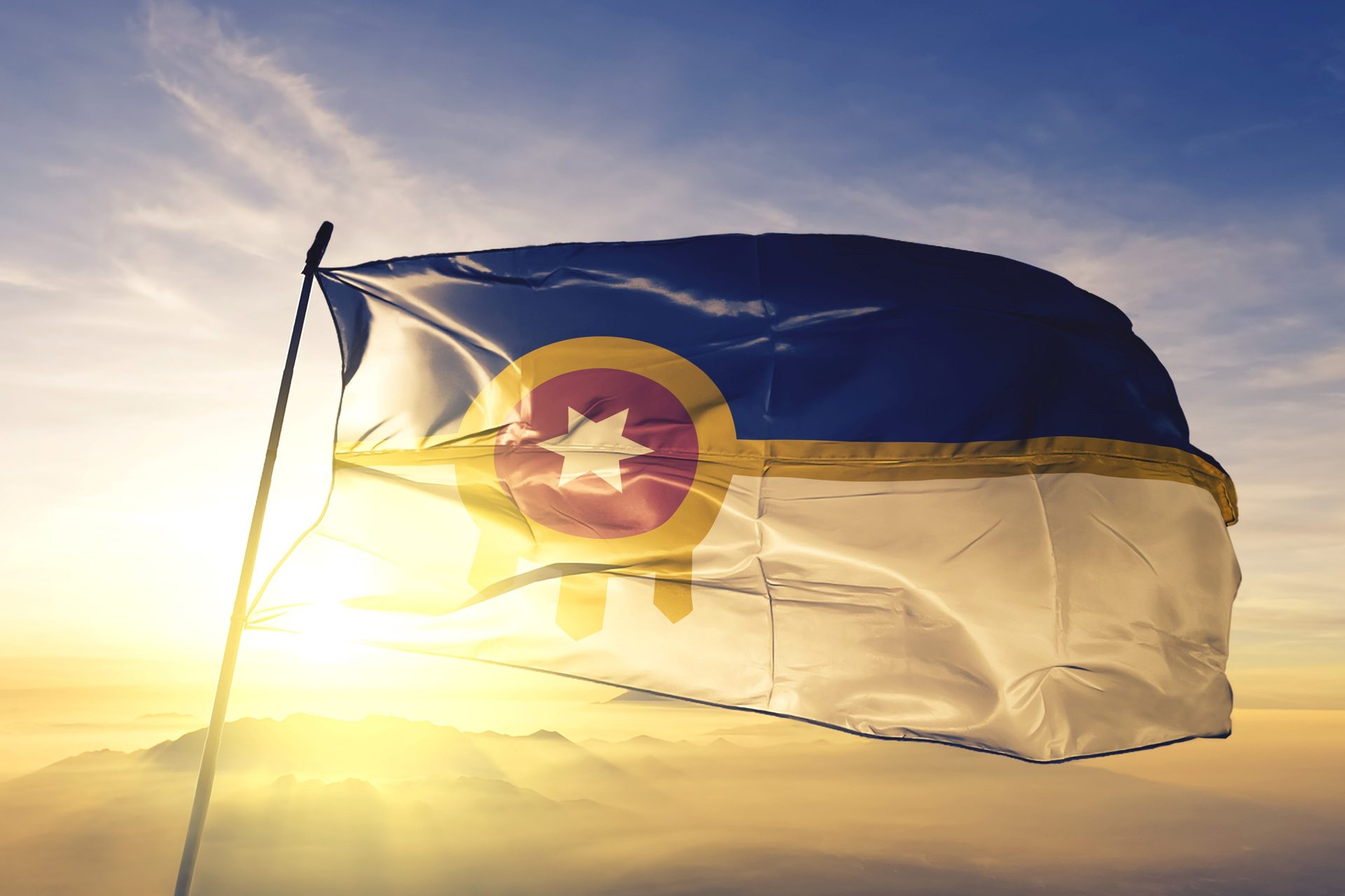 The Tulsa city flag at golden hour