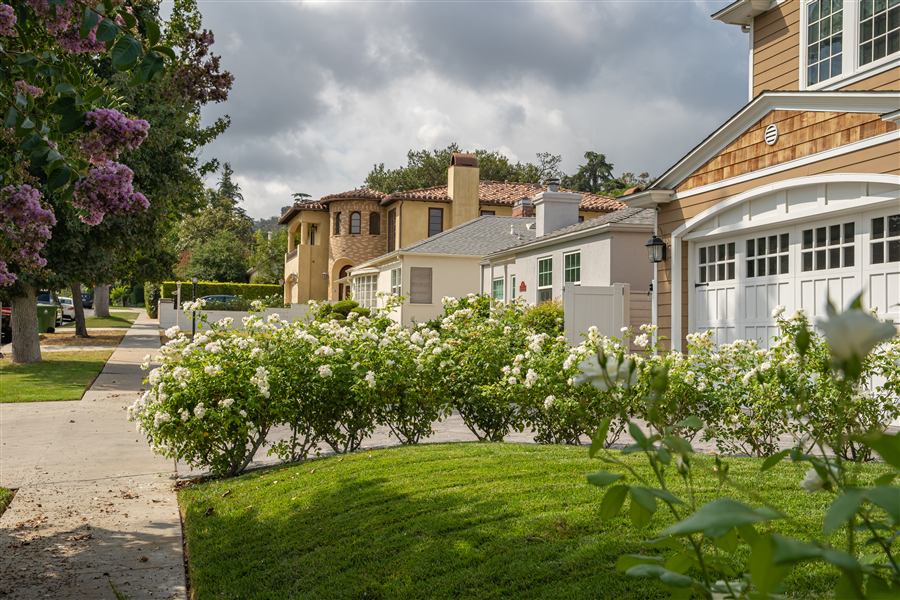 Stately established homes on a tree-lined residential street